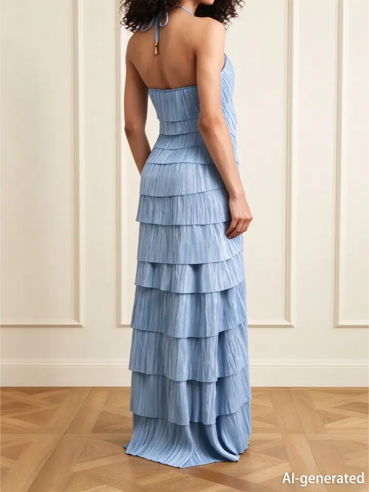 Light Blue Halter Pleated Maxi Dress Women Diagonal Layered Sleeveless Wedding Guest Gown - Image 3