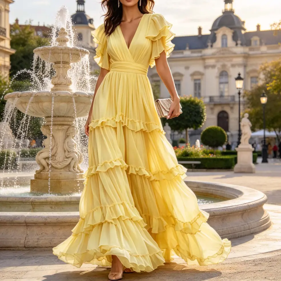 Yellow V Neck Ruffle Chiffon Tiered Maxi Dress - Image 6