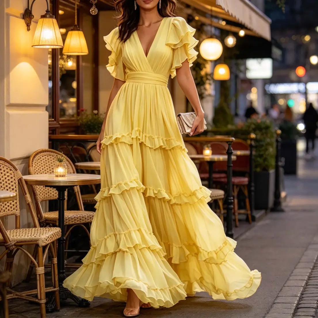 Yellow V Neck Ruffle Chiffon Tiered Maxi Dress - Image 5
