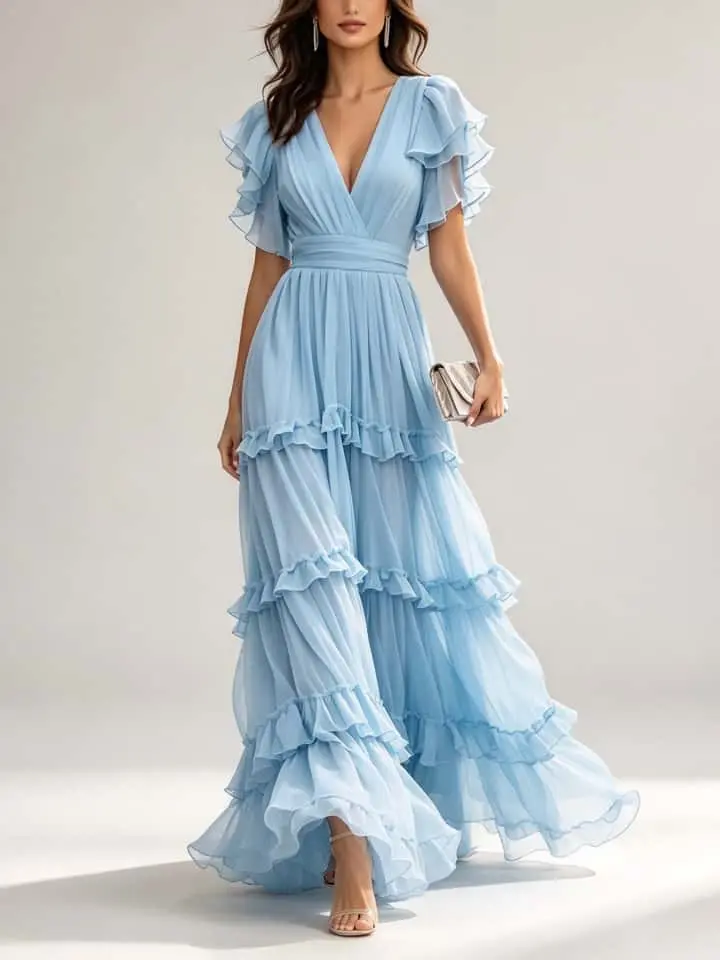 Light Blue V Neck Ruffle Chiffon Tiered Maxi Dress - Image 2