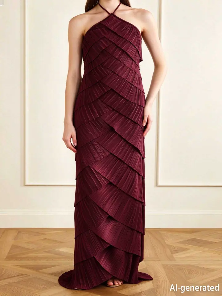 Burgundy Halter Pleated Maxi Dress Women Sleeveless Formal Evening Gown - Image 2