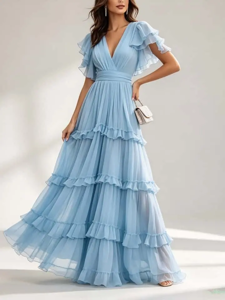Light Blue V Neck Ruffle Chiffon Tiered Maxi Dress - Image 3