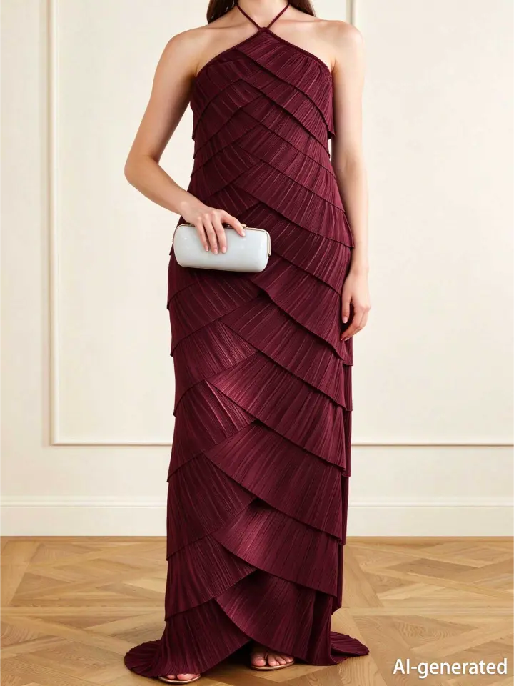 Burgundy Halter Pleated Maxi Dress Women Sleeveless Formal Evening Gown - Image 3