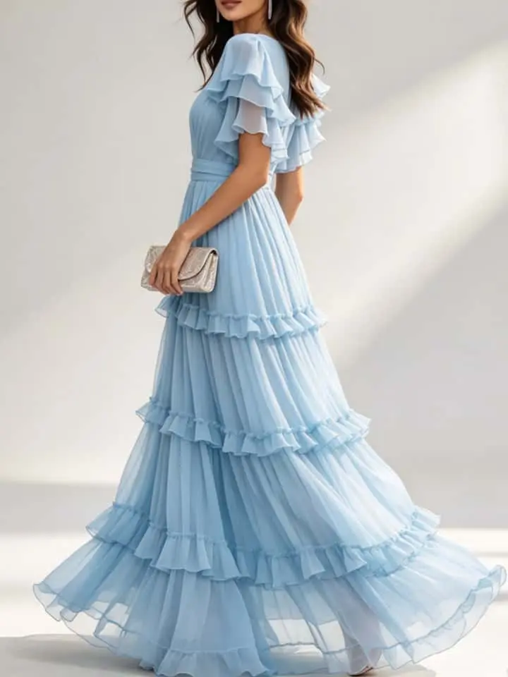 Light Blue V Neck Ruffle Chiffon Tiered Maxi Dress - Image 4