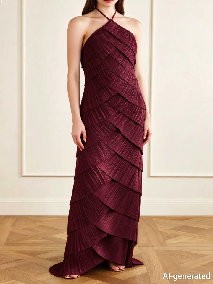 Burgundy Halter Pleated Maxi Dress Women Sleeveless Formal Evening Gown - Image 4