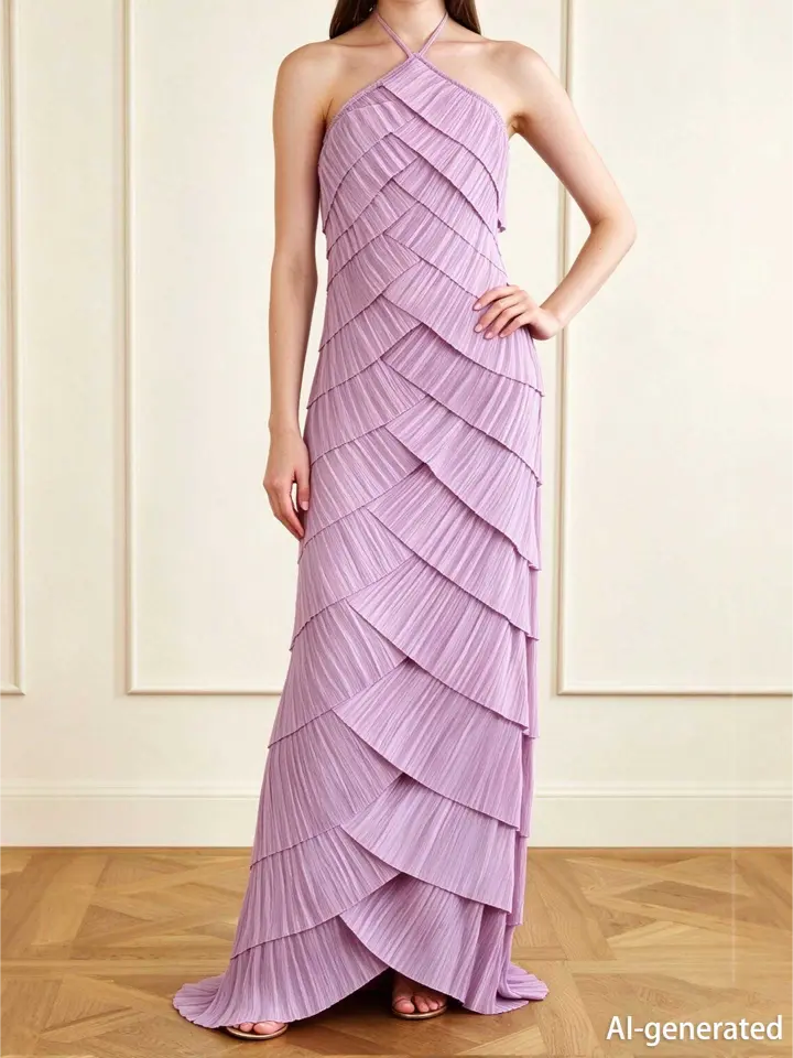Dusty Pink Halter Pleated Maxi Dress Women Sleeveless Prom Formal Gown - Image 2