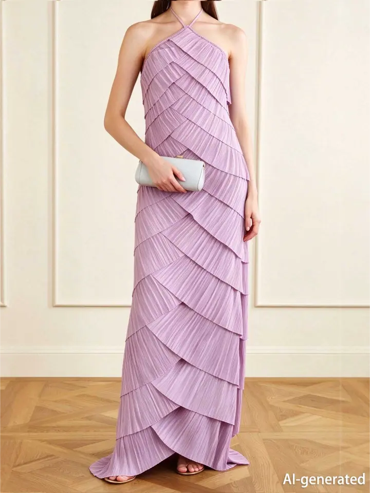 Dusty Pink Halter Pleated Maxi Dress Women Sleeveless Prom Formal Gown - Image 3