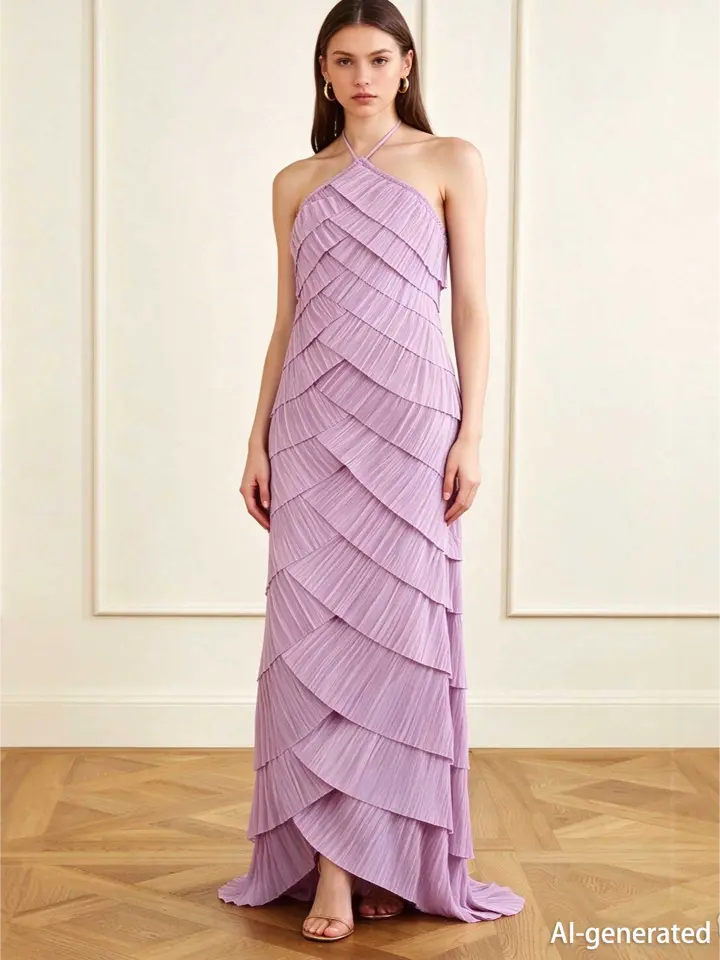 Dusty Pink Halter Pleated Maxi Dress Women Sleeveless Prom Formal Gown - Image 4