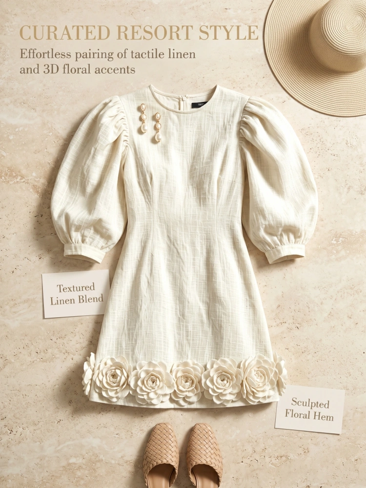 Cream Women Puff Sleeve Mini Dress 3D Floral Hem Round Neck Short Dress