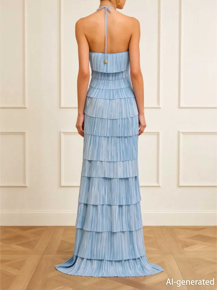 Light Blue Halter Pleated Maxi Dress Women Diagonal Layered Sleeveless Wedding Guest Gown - Image 2