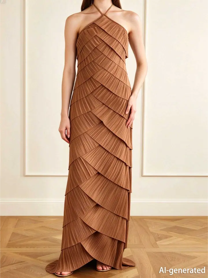 Caramel Halter Pleated Maxi Dress Women Sleeveless Retro Evening Gown - Image 2
