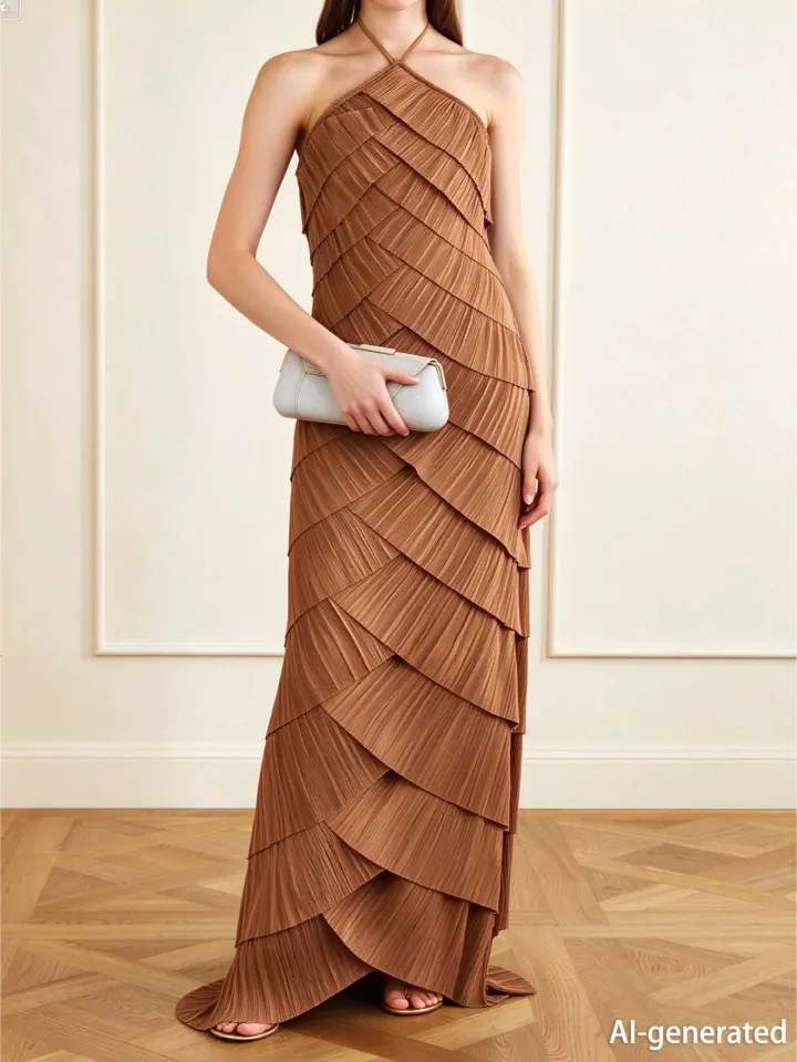 Caramel Halter Pleated Maxi Dress Women Sleeveless Retro Evening Gown - Image 3