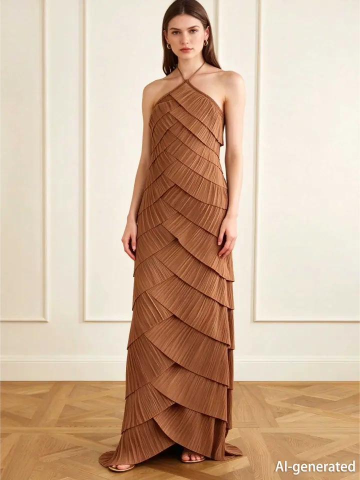 Caramel Halter Pleated Maxi Dress Women Sleeveless Retro Evening Gown - Image 4