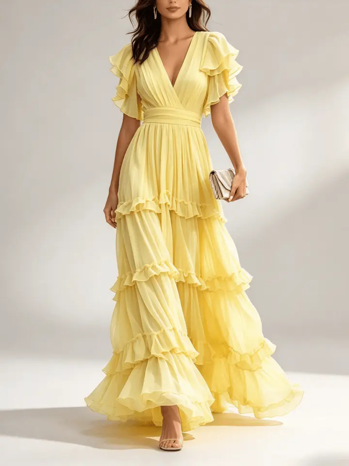 Yellow V Neck Ruffle Chiffon Tiered Maxi Dress - Image 2