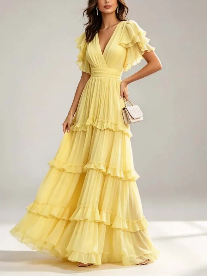 Yellow V Neck Ruffle Chiffon Tiered Maxi Dress - Image 4