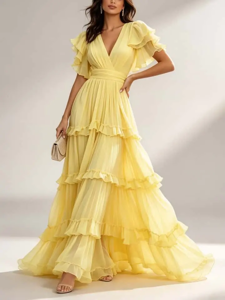 Yellow V Neck Ruffle Chiffon Tiered Maxi Dress - Image 3