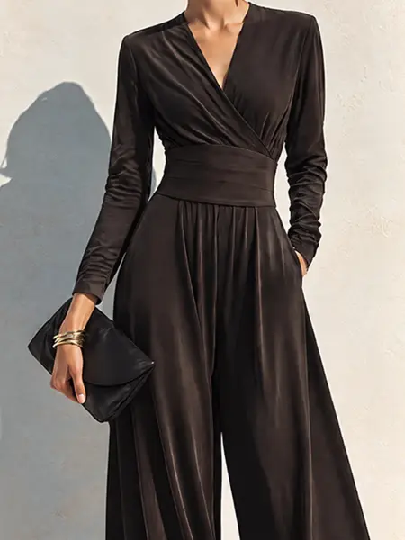 Elegant Chocolate Brown Long Sleeve Wrap Wide Leg Jumpsuit with Waist Detail - Image 3