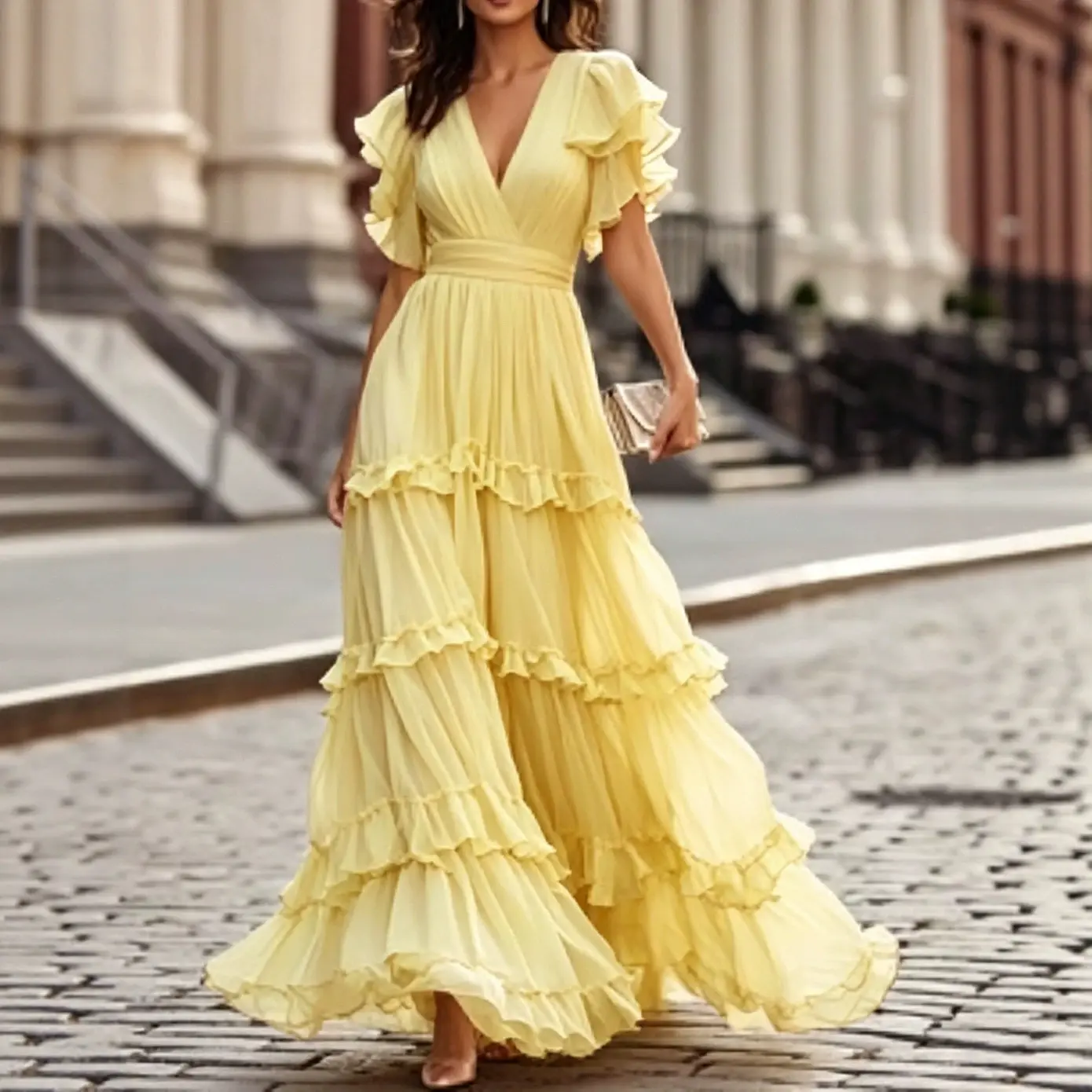 Yellow V Neck Ruffle Chiffon Tiered Maxi Dress - Image 8