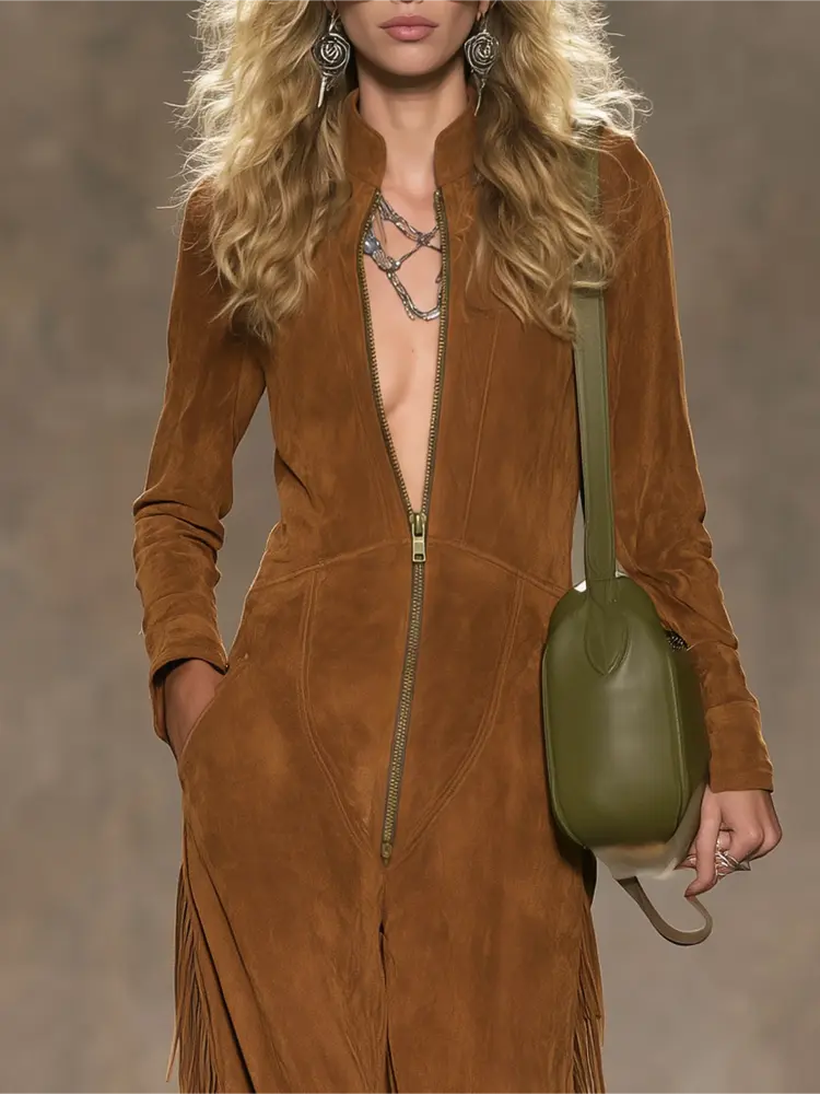 Brown Faux Suede Fringe Jumpsuit with Zip Front - Image 2