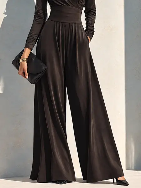 Elegant Chocolate Brown Long Sleeve Wrap Wide Leg Jumpsuit with Waist Detail - Image 4