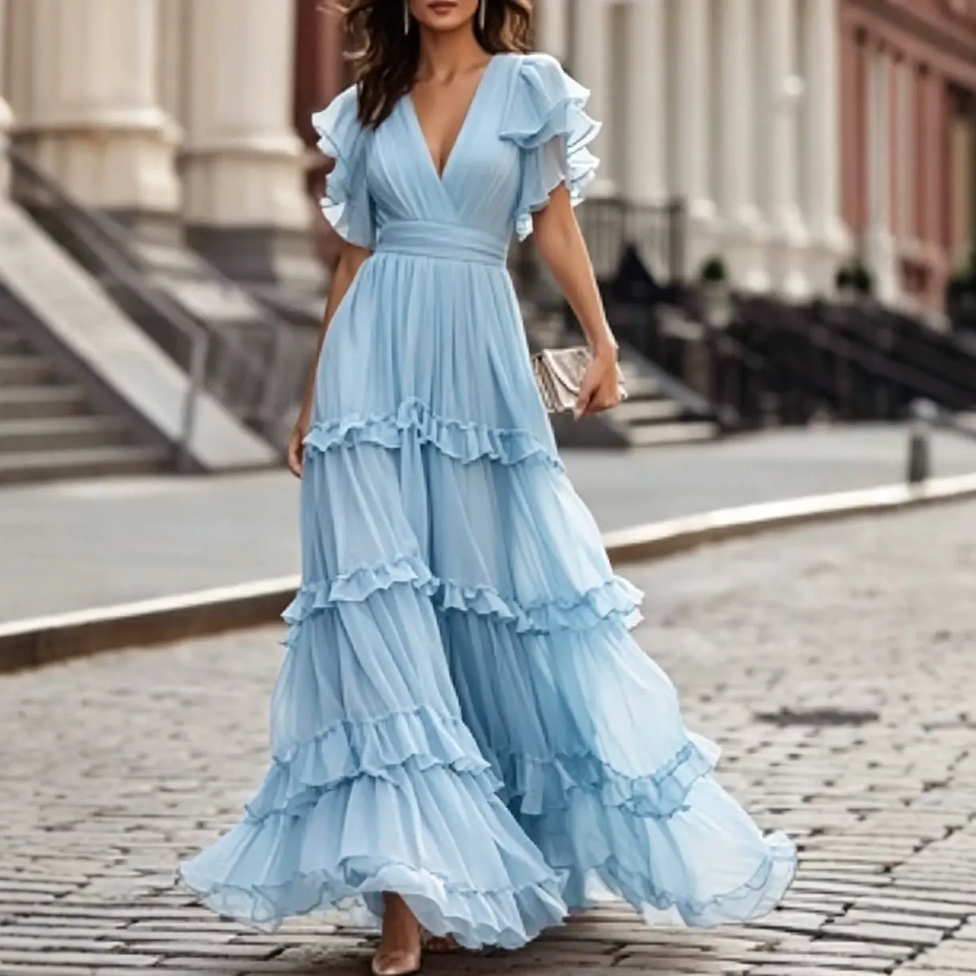 Light Blue V Neck Ruffle Chiffon Tiered Maxi Dress - Image 8