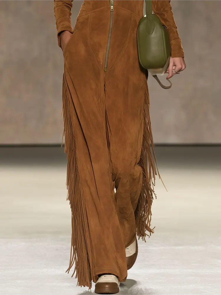 Brown Faux Suede Fringe Jumpsuit with Zip Front - Image 3
