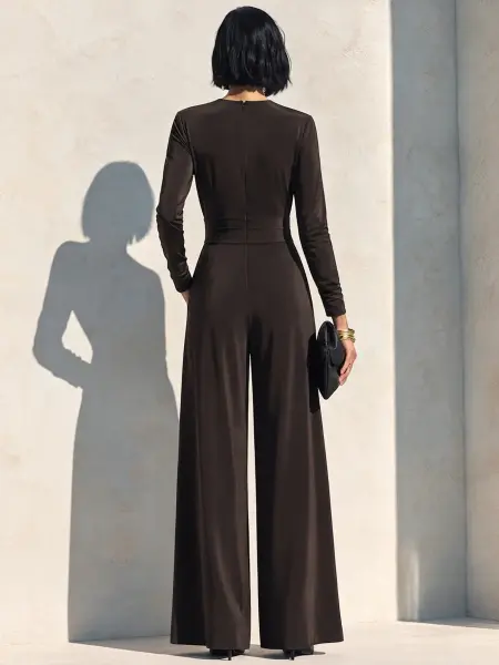 Elegant Chocolate Brown Long Sleeve Wrap Wide Leg Jumpsuit with Waist Detail - Image 2