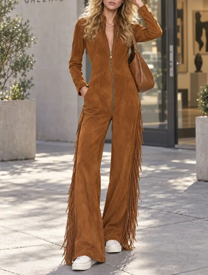 Brown Faux Suede Fringe Jumpsuit with Zip Front - Image 4