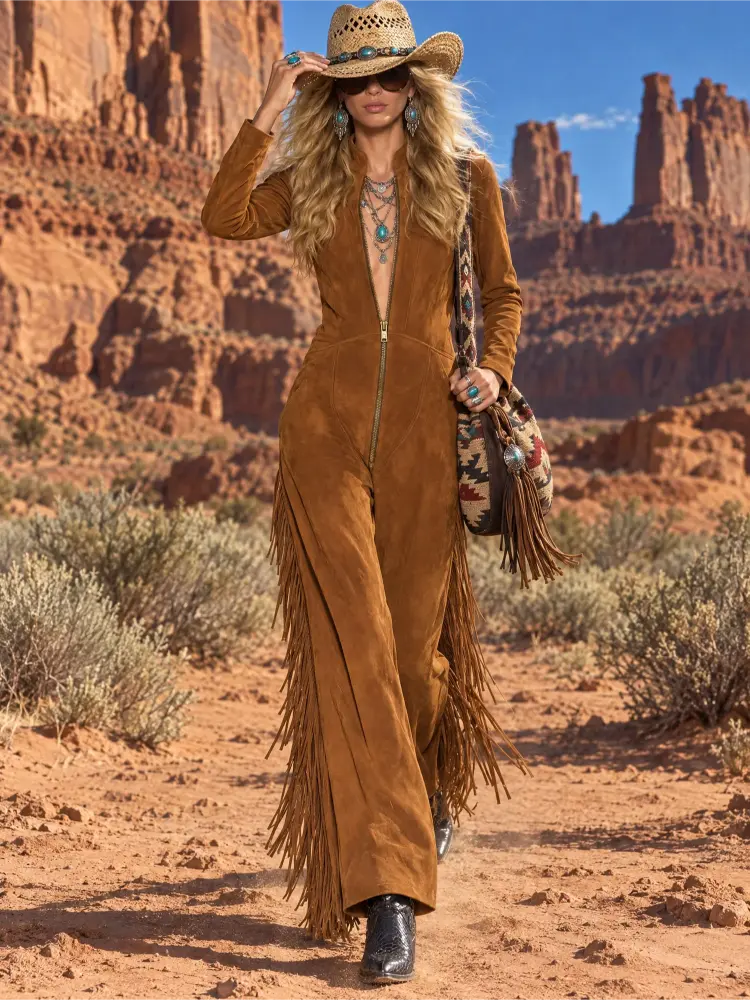 Brown Faux Suede Fringe Jumpsuit with Zip Front - Image 6