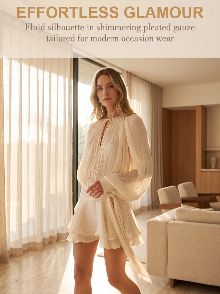 Women Long Sleeve Tie Neck Outfit Hollow Front Blouse With Flounce Mini Two Piece Dress Set