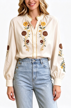 Bohemian Embroidered Blouse for Women, Ruffled Stand Collar Lantern Sleeve Loose Casual Shirt