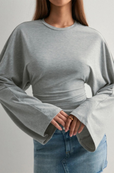 Solid Color Round Neck Casual Top for Women, Long Sleeve Waist Cinching Elegant Blouse