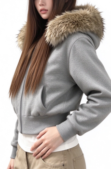 Women's Hooded Sweatshirt Jacket, Faux Fur Trim Hood Casual Outerwear