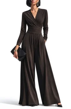 Elegant Chocolate Brown Long Sleeve Wrap Wide Leg Jumpsuit with Waist Detail