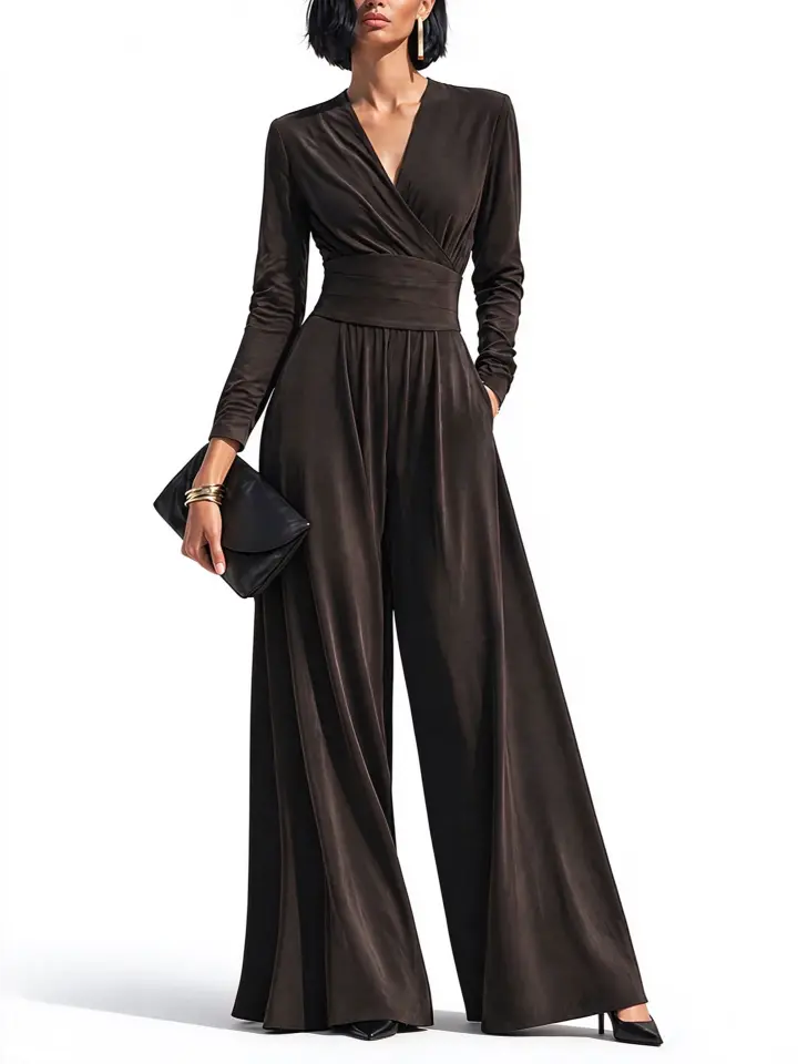 Elegant Chocolate Brown Long Sleeve Wrap Wide Leg Jumpsuit with Waist Detail