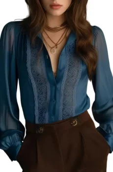 Blue Women Lace Trim Sheer Long Sleeve Blouse Shirt