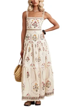 Cream Women Floral Maxi Dress Square Neck Spaghetti Strap Tiered Long Dress