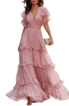 Dusty Pink V Neck Ruffle Chiffon Tiered Maxi Dress