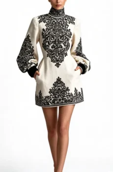 Ivory Black Ornamental Print High-Neck Long Sleeve Mini Dress