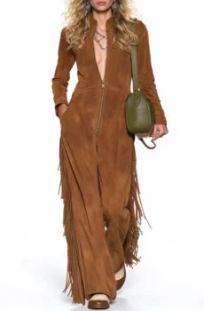 Brown Faux Suede Fringe Jumpsuit with Zip Front