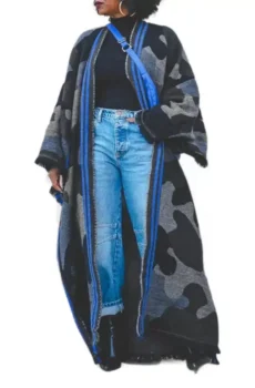 Blue Camo Maxi Duster Open Front Fringe Cardigan