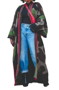 Green Camo Maxi Duster Open Front Fringe Cardigan
