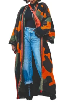 Orange Camo Maxi Duster Open Front Fringe Cardigan