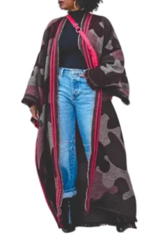 Red Camo Maxi Duster Open Front Fringe Cardigan
