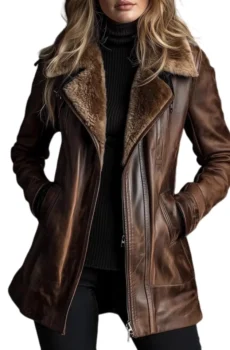 Brown Women Faux Leather Shearling Collar Biker Coat
