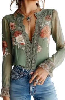 Sage Green Women Floral Embroidered Lace Blouse