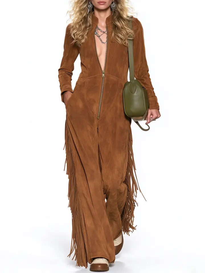 Brown Faux Suede Fringe Jumpsuit with Zip Front