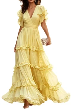 Yellow V Neck Ruffle Chiffon Tiered Maxi Dress