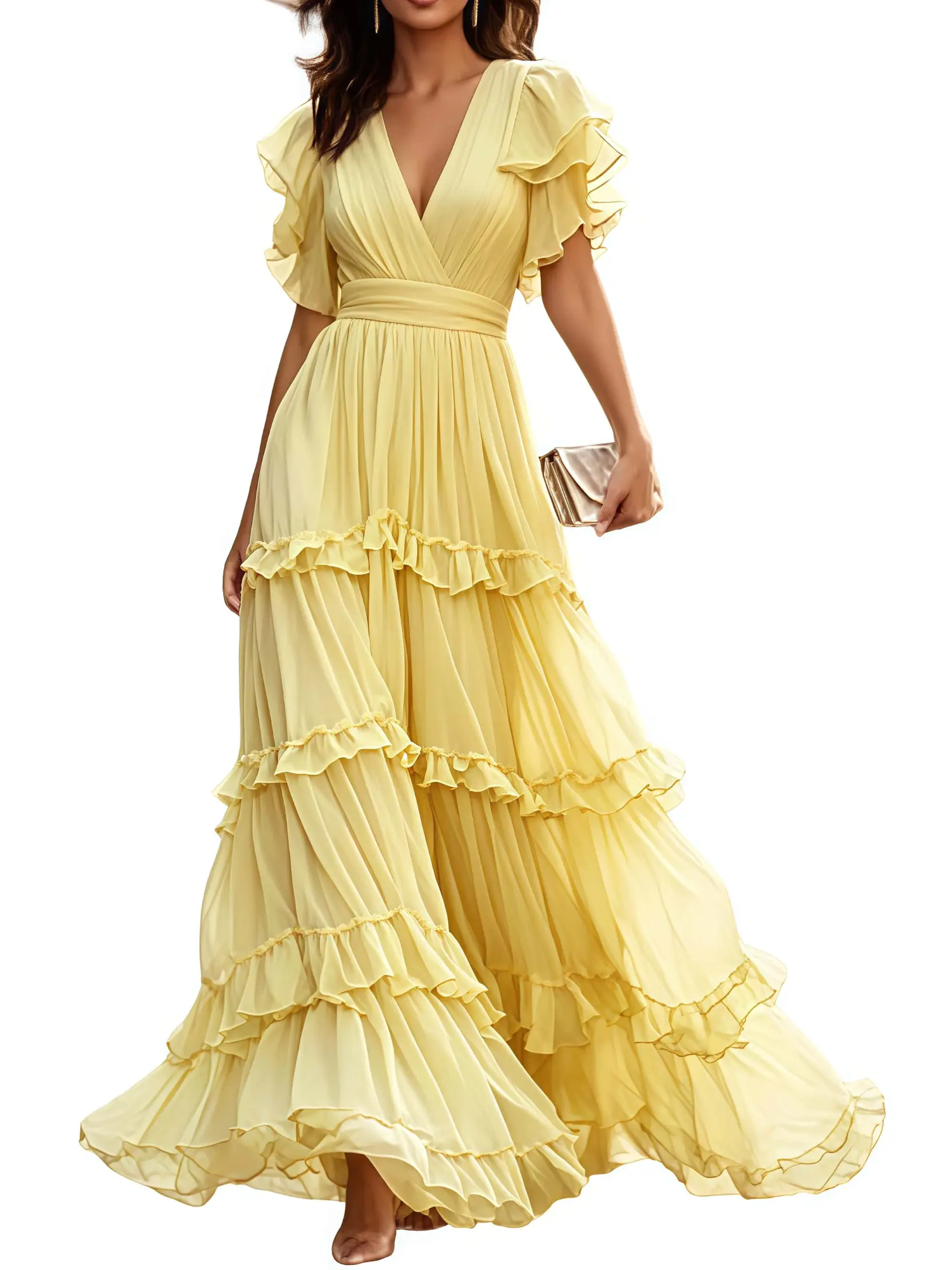Yellow V Neck Ruffle Chiffon Tiered Maxi Dress