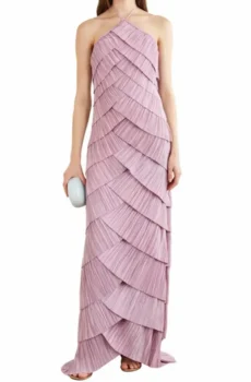 Dusty Pink Halter Pleated Maxi Dress Women Sleeveless Prom Formal Gown